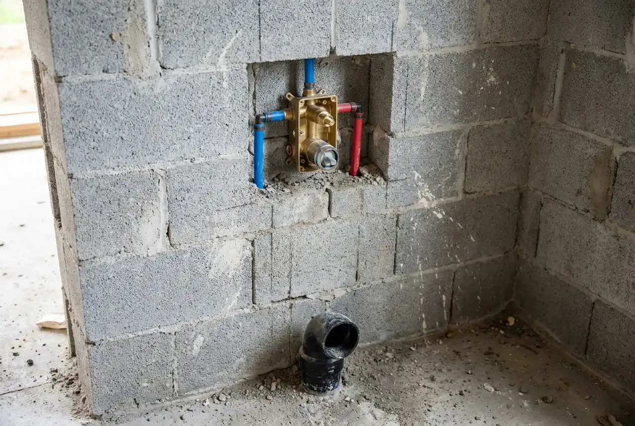 Évacuation et mitigeur encastrés dans la cloison avant carrelage